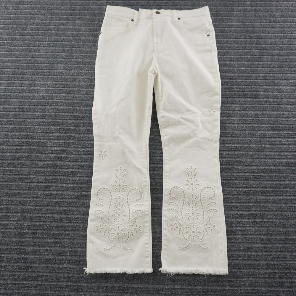 Johnny Was Flare Jeans Womens 28 White Eyelet Embroidered Frayed Hem